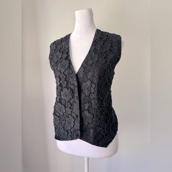 Vintage ‘90s Effeci Black Lace Floral Print Beaded V-Neck Button Down Vest - Picture 2 of 6